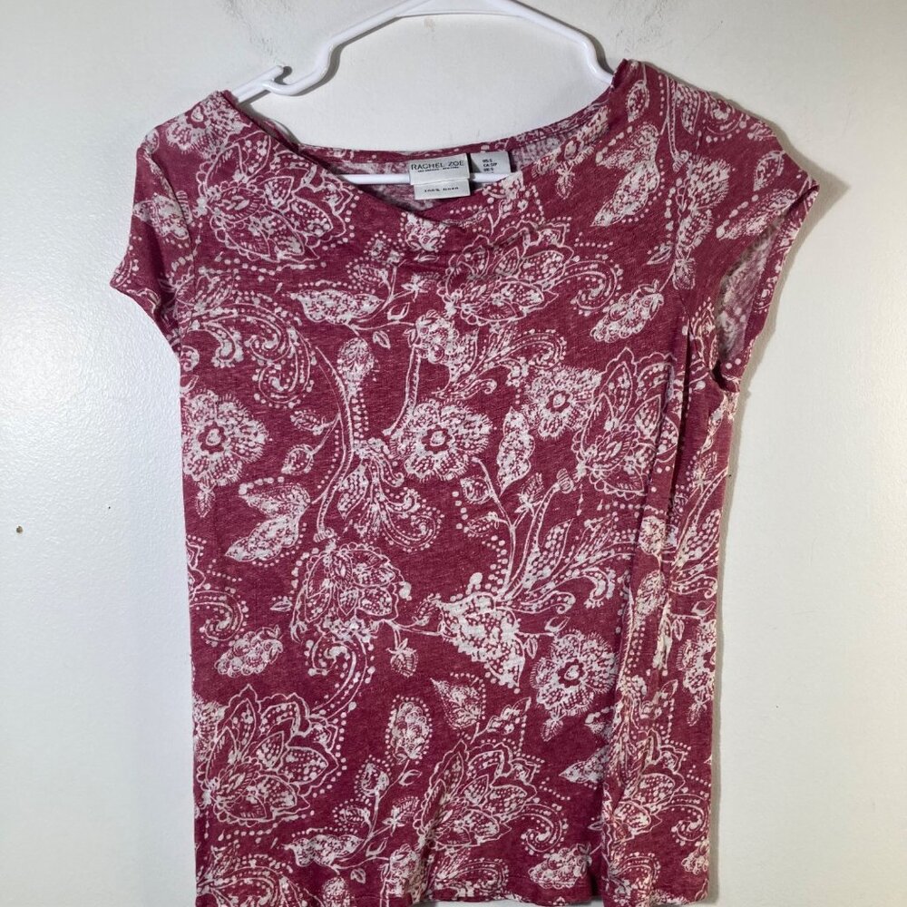Womens Rachel Zoe Linen‎ Tee Round Drape Neck Cap Sleeve Pink Floral  S